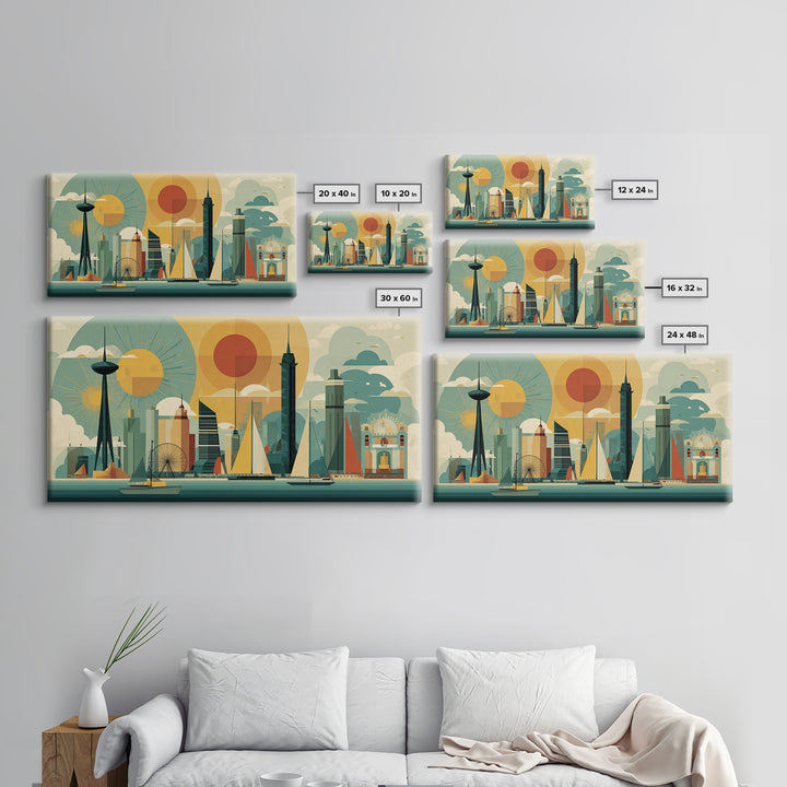 Geometric Seattle Skyline With Space Needle Canvas Print, Mid Century Modern Cityscape Wall Decor, Retro Travel Poster Art