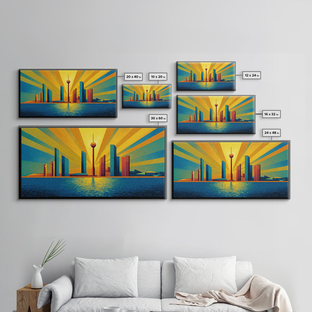 Bold Seattle Skyline Sunrise Wall Art, Mid Century Modern Abstract Cityscape, Space Needle Poster, Retro Geometric Decor
