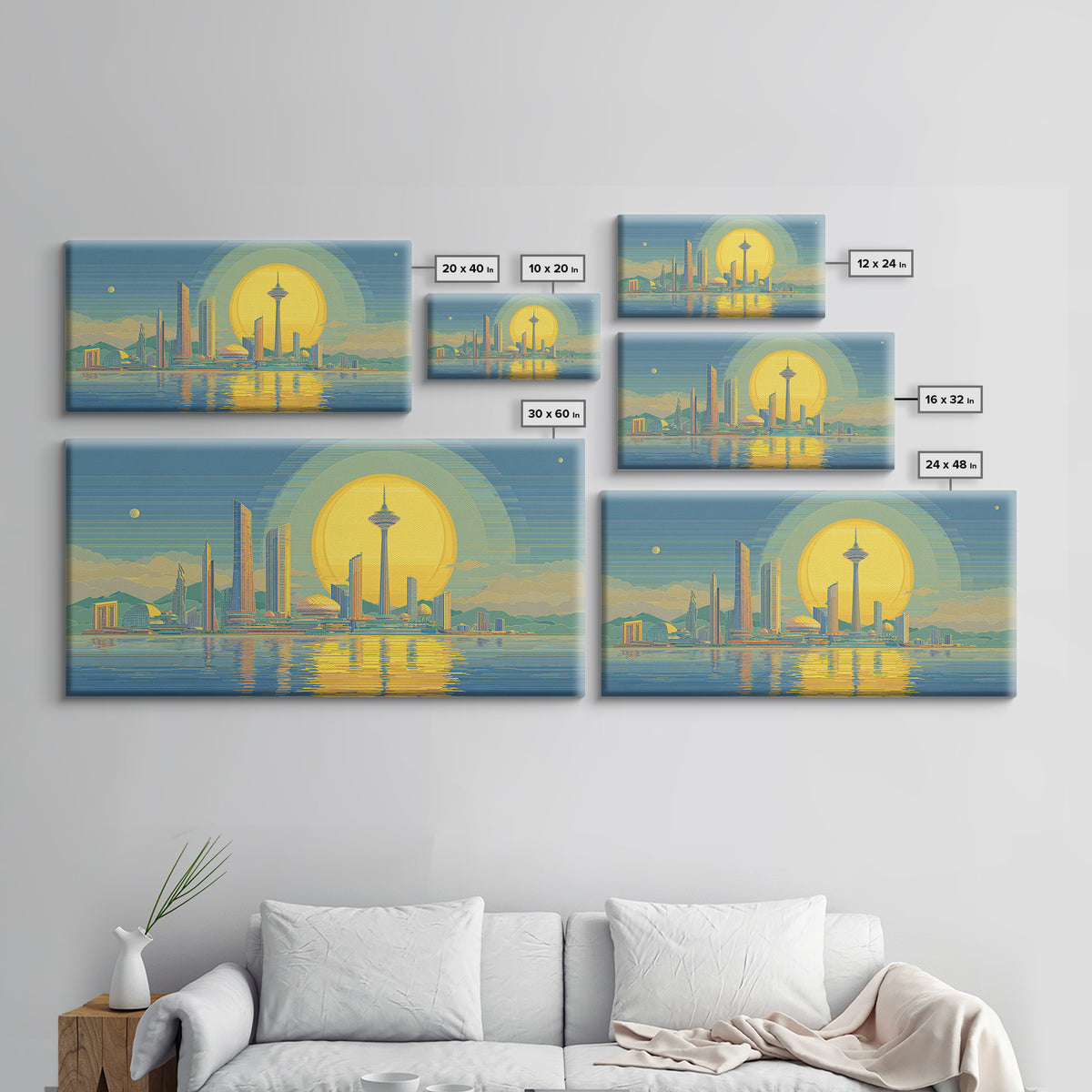 Golden Seattle Skyline At Sunset Framed Canvas Print, Mid Century Modern Wall Art, Futuristic Cityscape Poster, MCM Home Decor