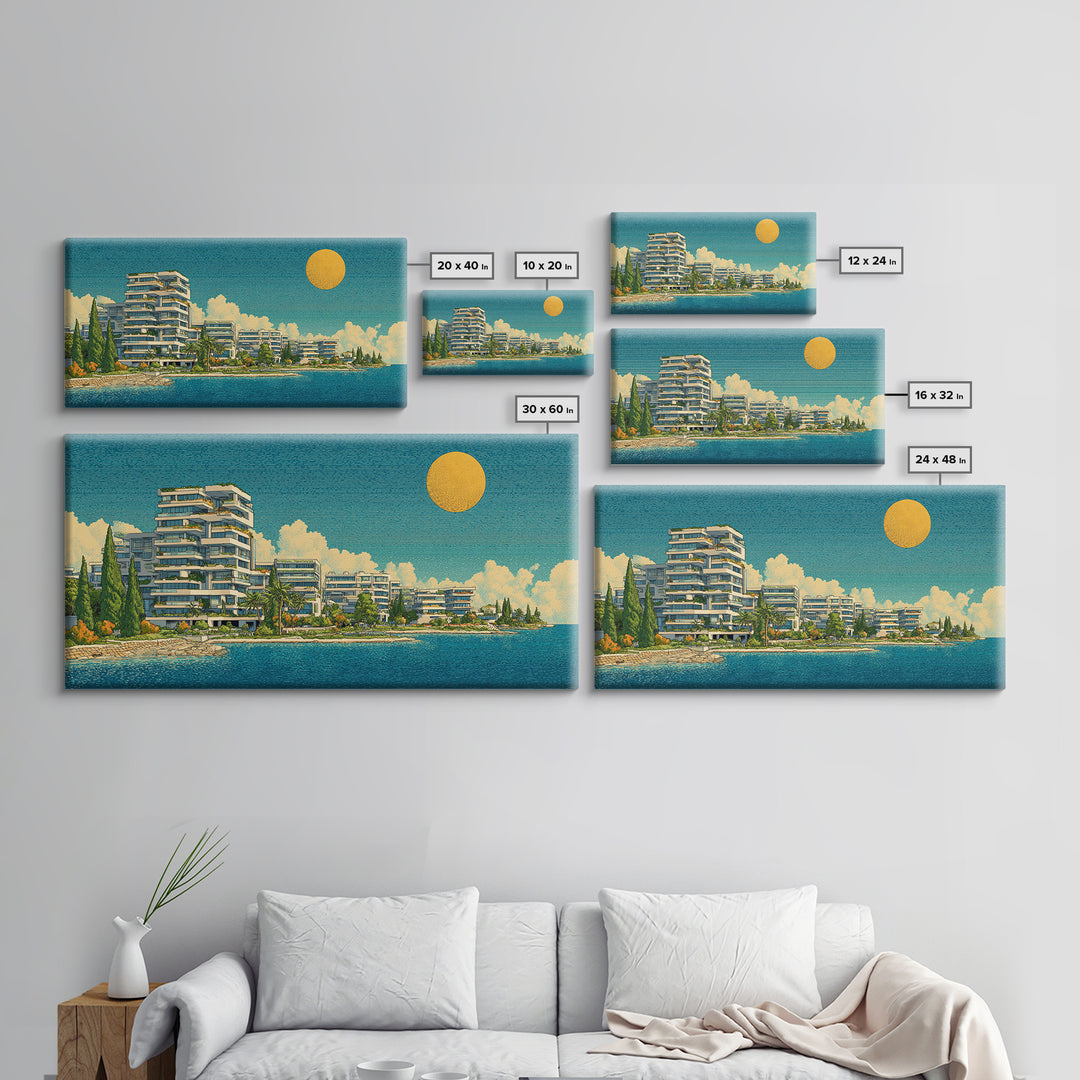 Modern Lakeside Condos With Golden Sun Wall Art, Mid Century Modern Coastal Decor, Mediterranean Lake House Architecture Print