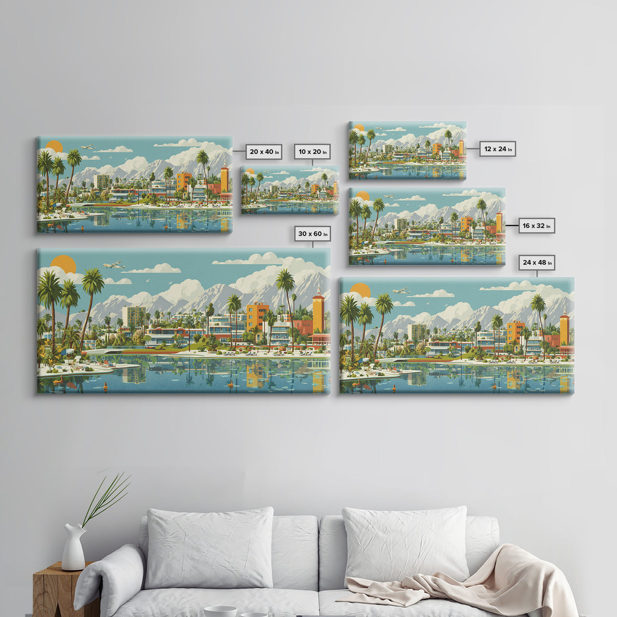 Palm Springs Lagoon With Palms And Mountains Wall Art, Mid Century Modern Desert Travel Poster, Colorful MCM Home Decor Print