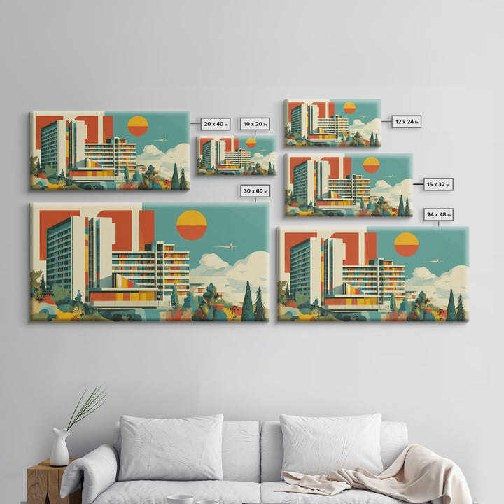 Bauhaus Modernist Hotel Architecture Canvas Print, Mid Century Modern Wall Art, Geometric Orange Sun Poster, MCM Decor Print
