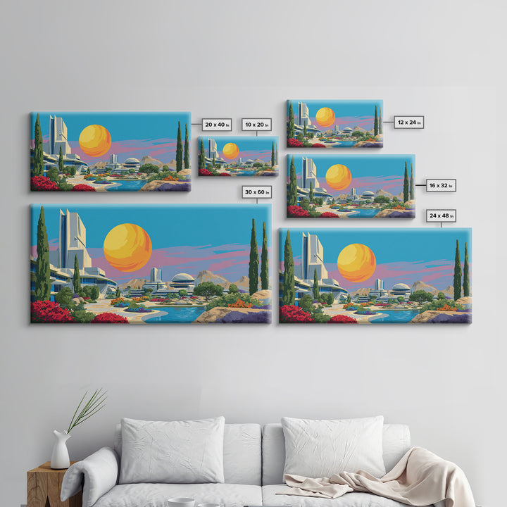Futuristic Desert Resort With Pool And Giant Sun Wall Art, Mid Century Modern Landscape Poster, Retro Sci Fi Architecture Decor