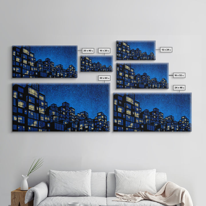 Electric Blue High Rise Wall Art, Geometric City Apartments, Midcentury Modern Decor, Retro Urban Print, Statement Wall Decor