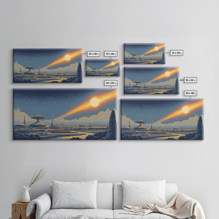 Retro Futuristic City With Meteor And Spaceport Canvas Print, Mid Century Modern Sci Fi Wall Art, Cosmic Skyline Poster Decor