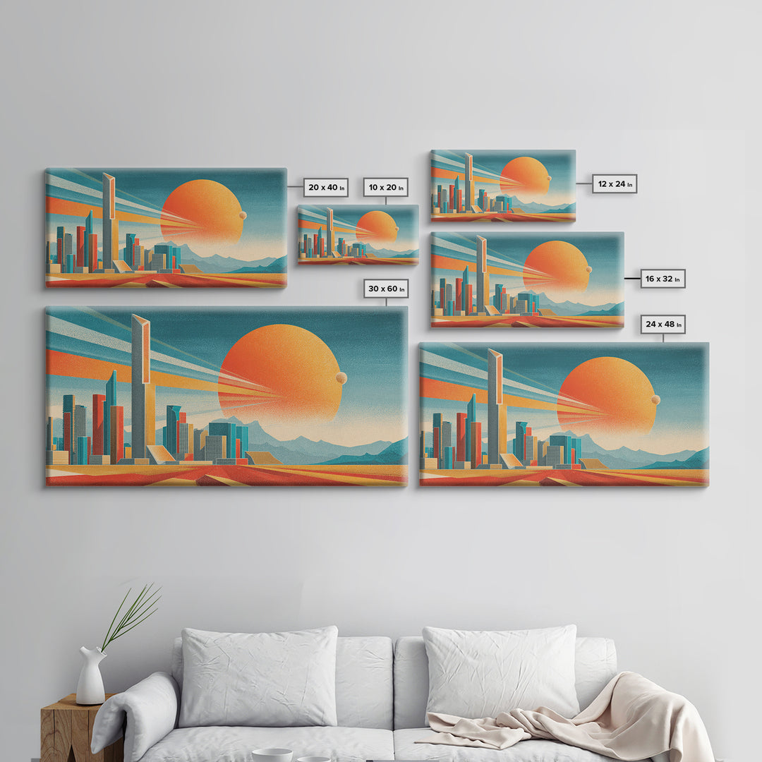 Teal Orange Futuristic Skyline Canvas Print, Midcentury Modern Cityscape, Retro Space Poster, Modern Wall Decor, Large MCM Art