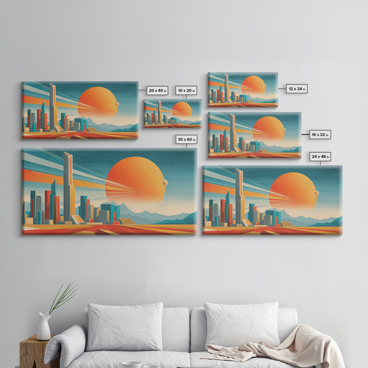 Teal Orange Futuristic Skyline Canvas Print, Midcentury Modern Cityscape, Retro Space Poster, Modern Wall Decor, Large MCM Art