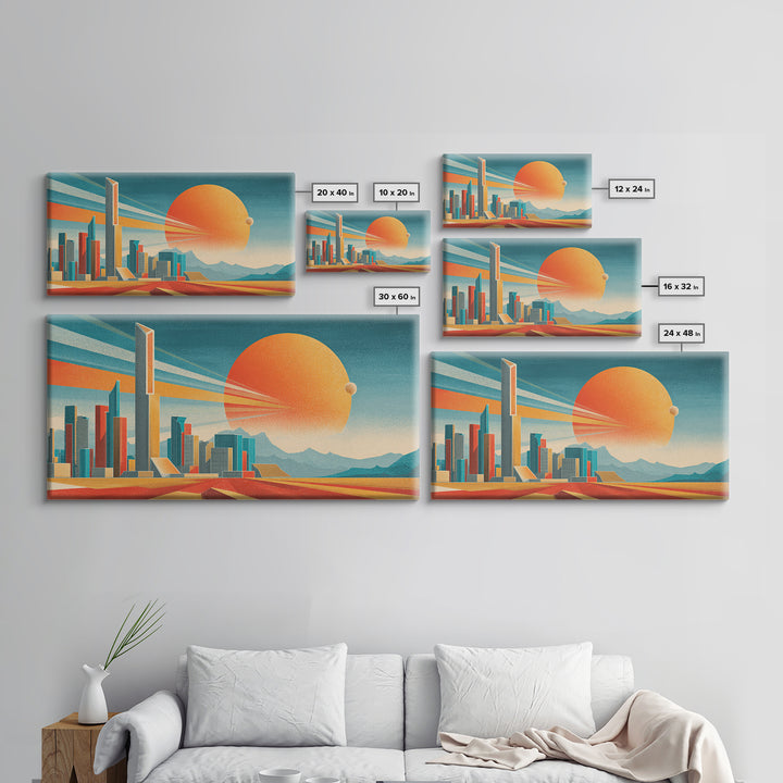 Teal Orange Futuristic Skyline Canvas Print, Midcentury Modern Cityscape, Retro Space Poster, Modern Wall Decor, Large MCM Art