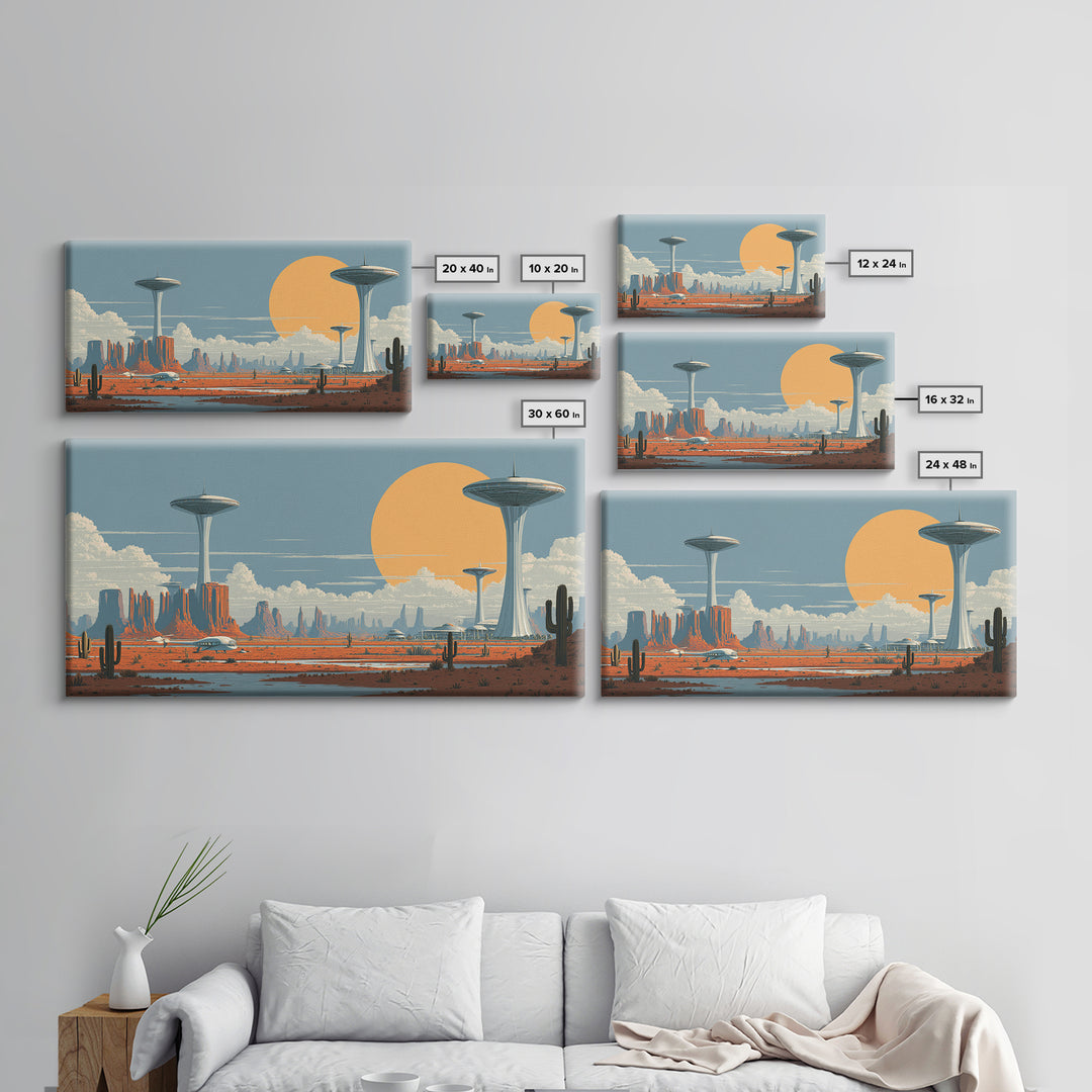 Alien Desert UFO Towers Framed Canvas Print, Midcentury Modern Sci Fi Landscape, Retro Wall Art, Cactus Decor, MCM Poster