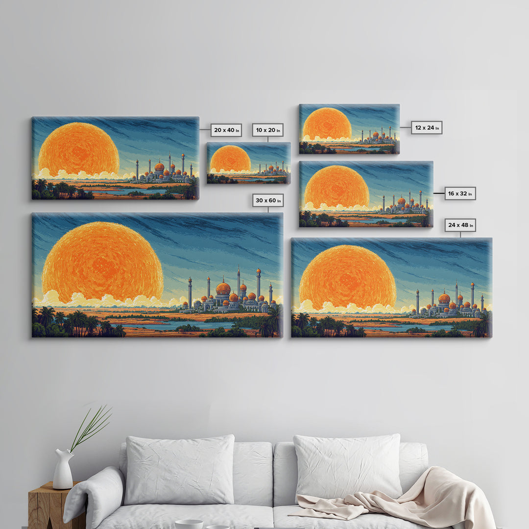 Giant Sun Desert Palace Wall Art, Midcentury Modern Landscape, Islamic Architecture Poster, Orange Blue Living Room Decor