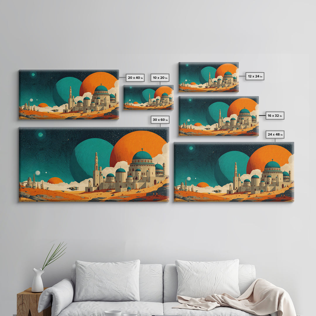 Teal Planet Desert Dome City Canvas Print, Midcentury Modern Sci Fi Wall Art, Retro Space Poster, Orange MCM Home Decor Art