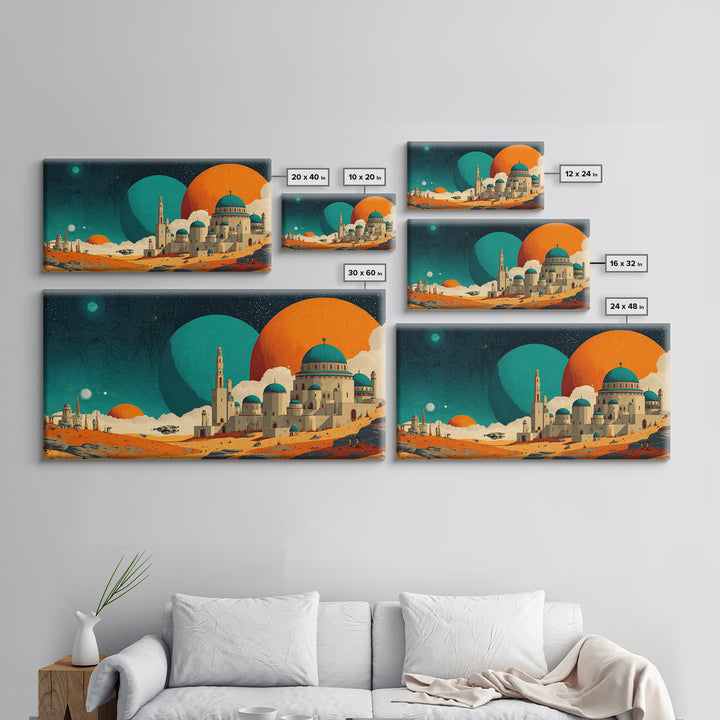 Teal Planet Desert Dome City Canvas Print, Midcentury Modern Sci Fi Wall Art, Retro Space Poster, Orange MCM Home Decor Art
