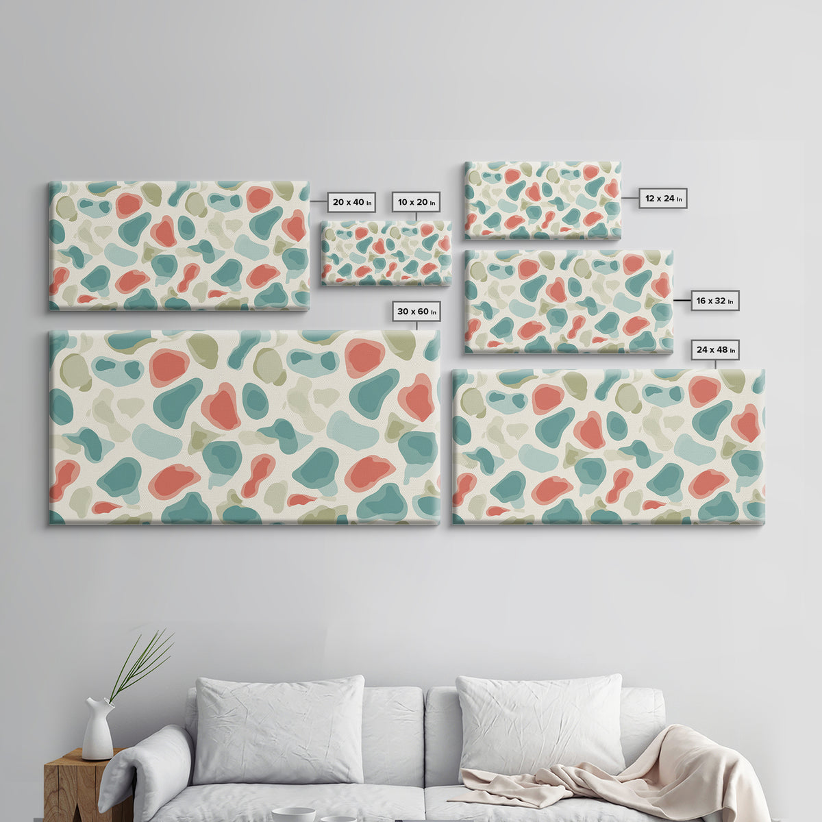 Pastel Terrazzo Organic Shapes Canvas Print, Midcentury Modern Abstract Wall Art, Sage Green Coral Decor, Minimalist Poster
