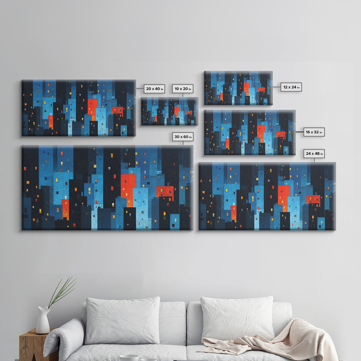 Red And Blue Abstract City Canvas Print, Blocky Urban Skyline, Midcentury Modern Art, Geometric Wall Decor, Home Office Art Print