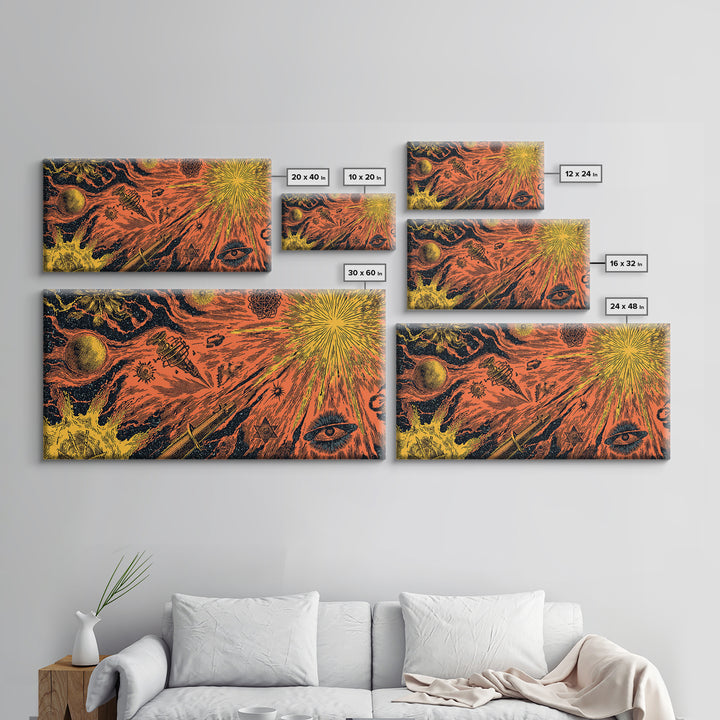 Orange Cosmic Rocket And Eye Canvas Print, Midcentury Modern Space Art, Retro Sci Fi Poster, Atomic MCM Wall Decor, Groovy Home Decor