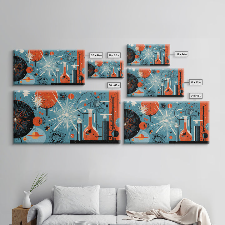 Blue Orange Atomic Laboratory Wall Art, Midcentury Modern Art Print, Retro Science Poster, Geometric MCM Home Decor, Living Room Decor
