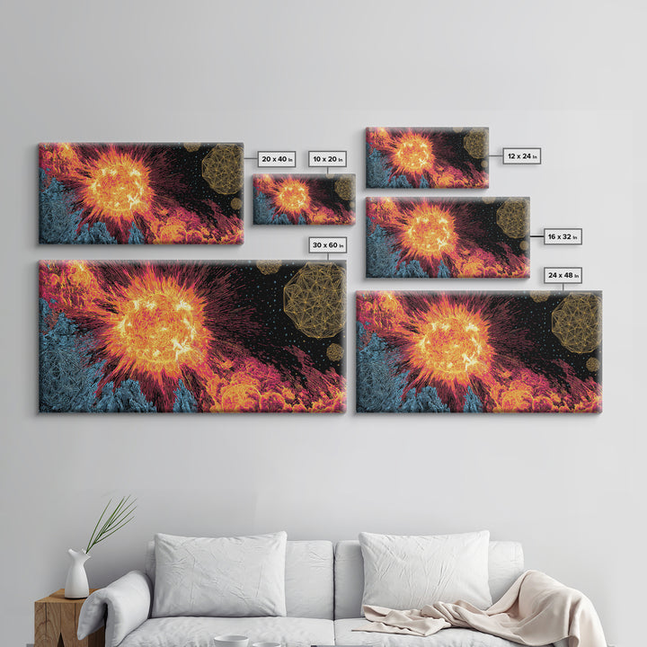 Fiery Solar Flare Sun And Asteroids Canvas Print, Modern Abstract Art, Retro Space Poster, Cosmic Wall Decor, Sci Fi Gift