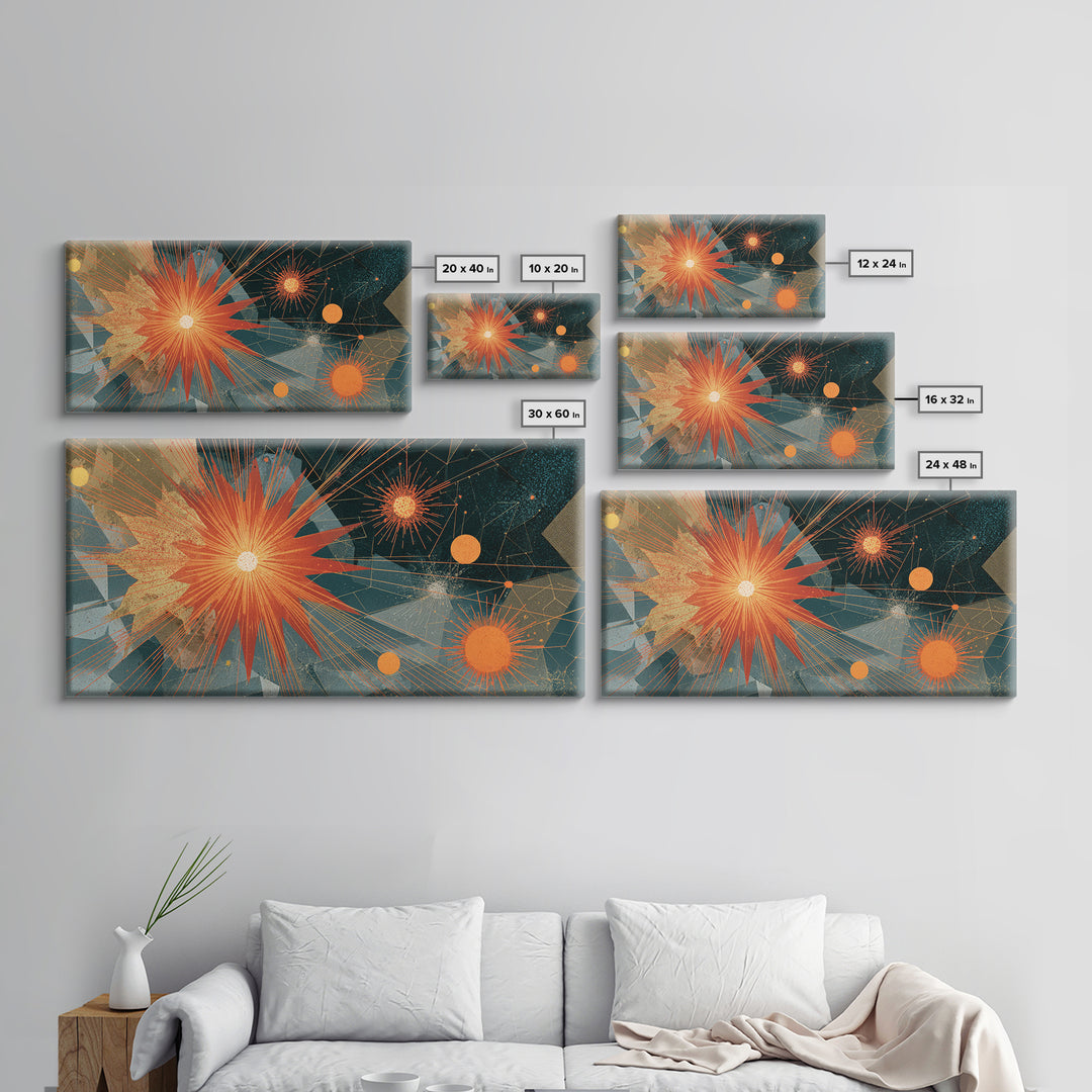 Orange Teal Geometric Starburst Framed Canvas Print, Midcentury Modern Abstract Art, Retro MCM Wall Decor, Home Office Decor