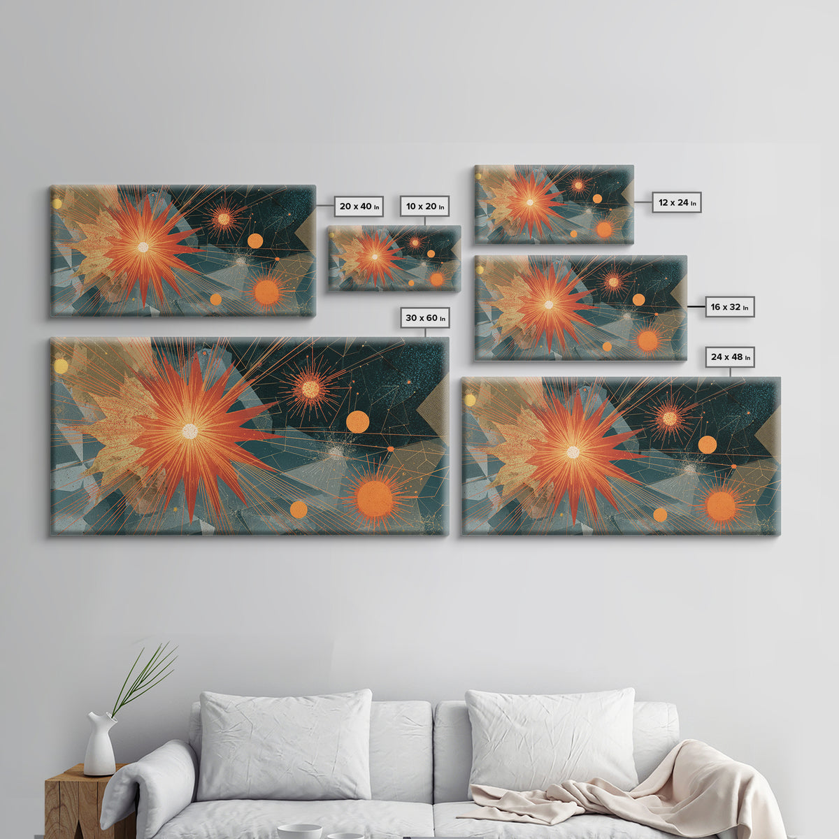 Orange Teal Geometric Starburst Framed Canvas Print, Midcentury Modern Abstract Art, Retro MCM Wall Decor, Home Office Decor