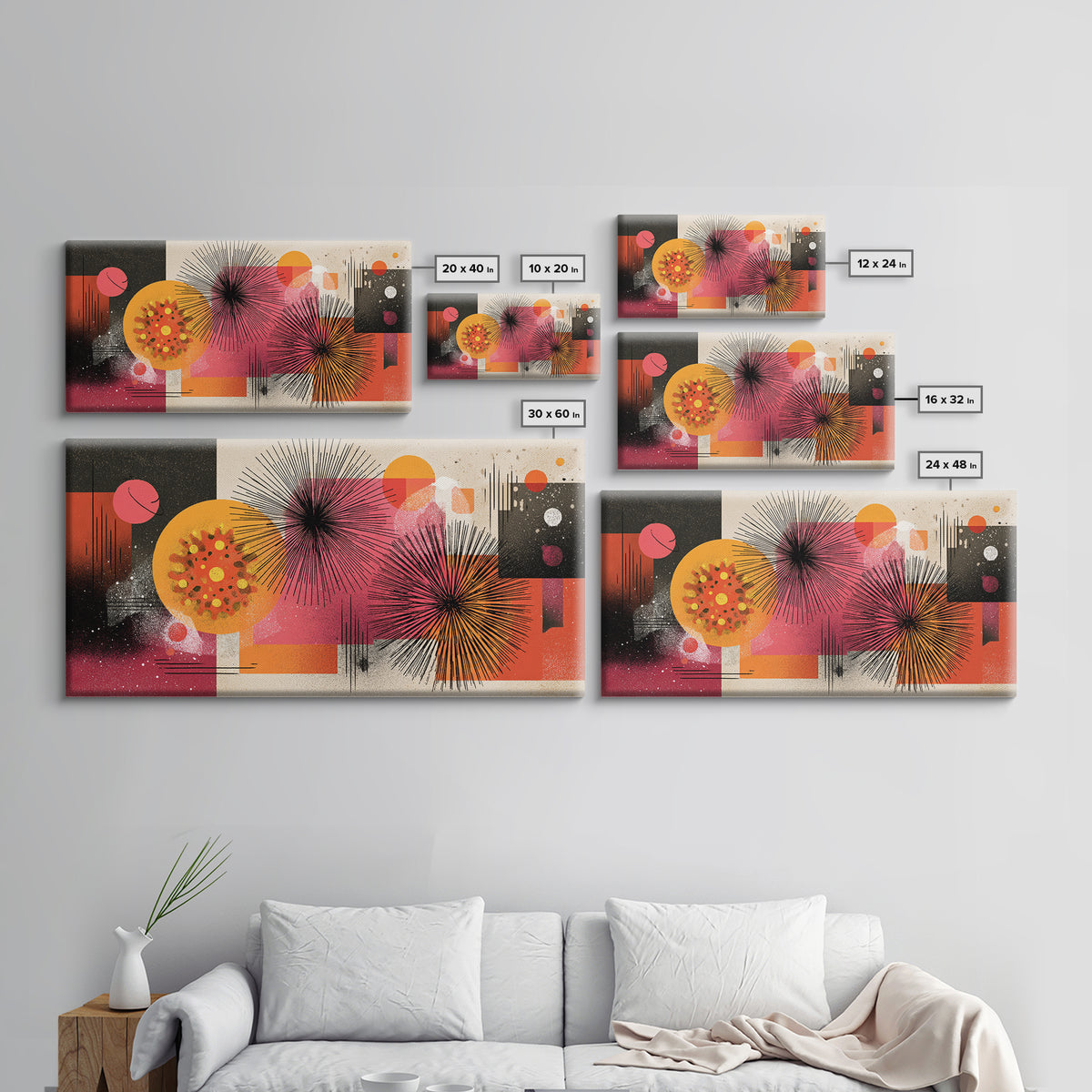 Pink Orange Abstract Starbursts Wall Art, Midcentury Modern Art Print, Retro Geometric Poster, Bold MCM Home Decor, Living Room Decor