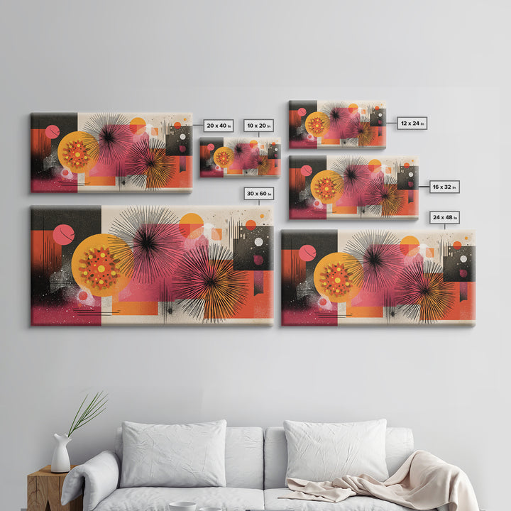 Pink Orange Abstract Starbursts Wall Art, Midcentury Modern Art Print, Retro Geometric Poster, Bold MCM Home Decor, Living Room Decor