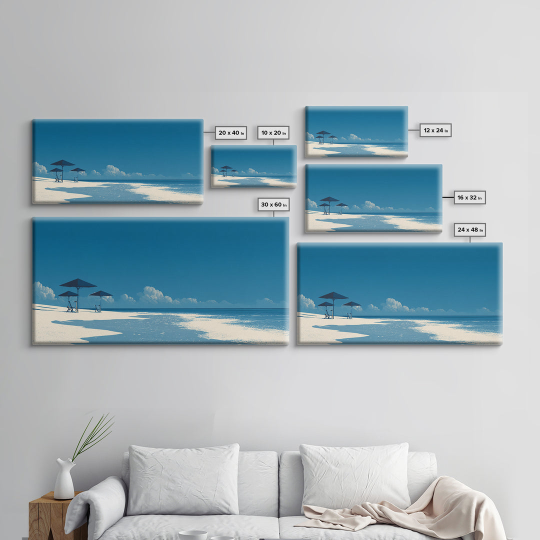 Minimal Blue Beach Wall Art, Serene Ocean Umbrella Landscape Print, Coastal Modern Poster, Summer Decor For Bedroom And Office