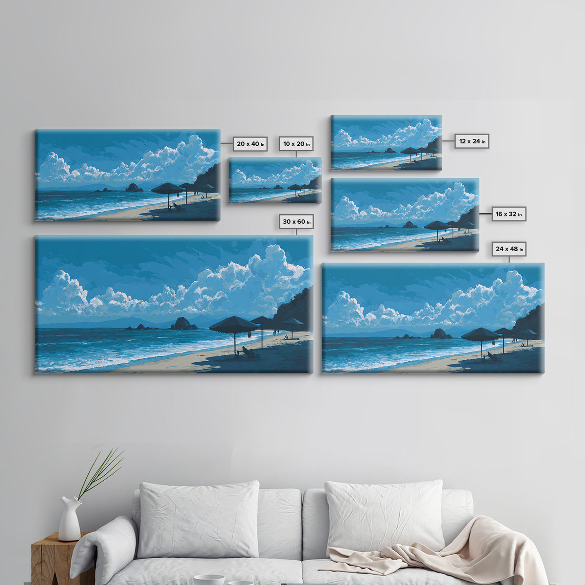 Blue Coastal Cloudscape Canvas Print, Ocean Beach Umbrella Scene, Modern Landscape Wall Art, Tropical Decor For Living Room