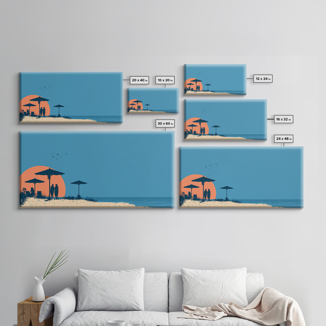 Orange Sunset Beach Wall Art, Silhouette Umbrellas And Couple Print, Retro Coastal Poster, Modern Tropical Decor For Bedroom