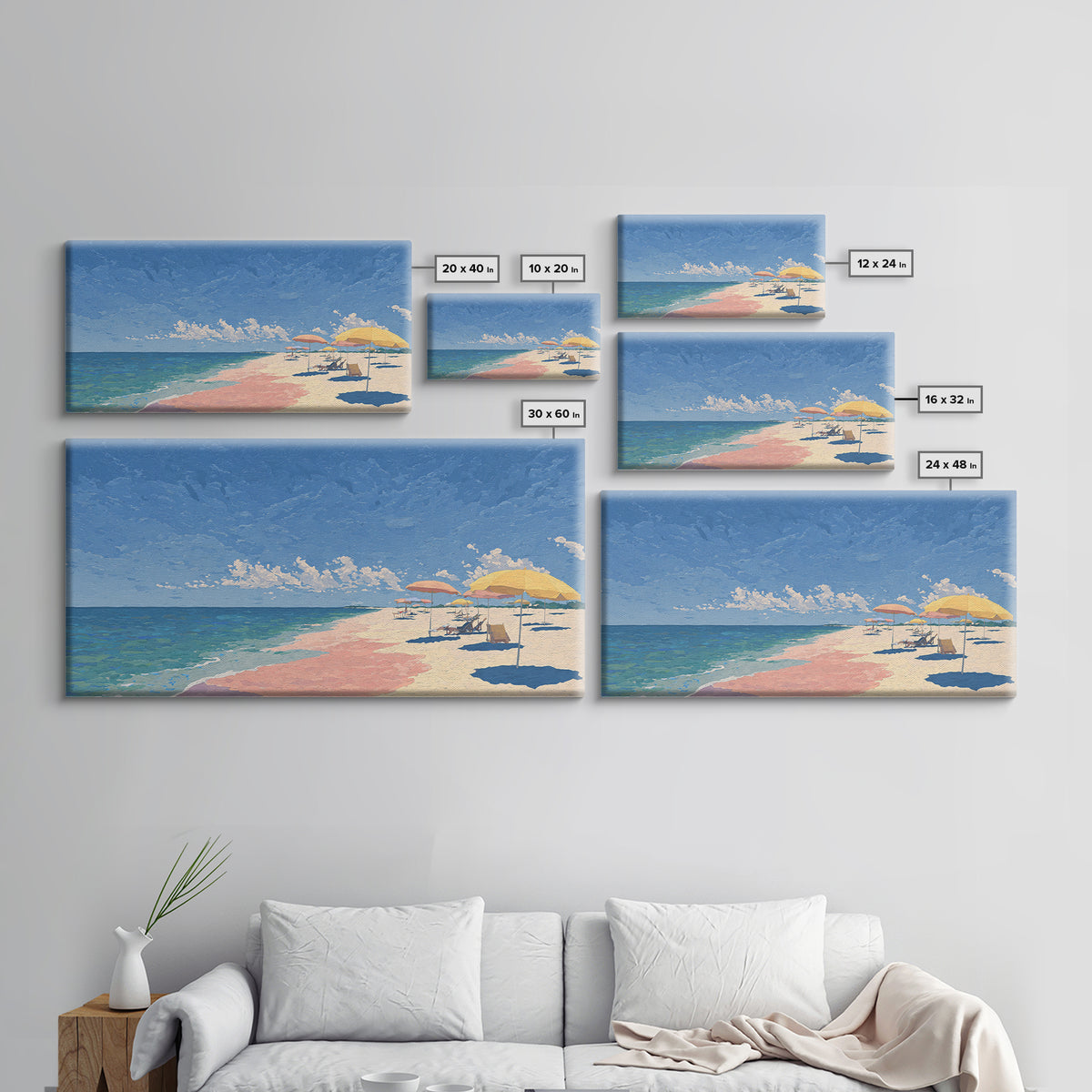 Pastel Ocean Beach Canvas Print, Pink Sand Umbrella Landscape, Coastal Modern Wall Art, Soft Summer Decor For Bedroom And Office