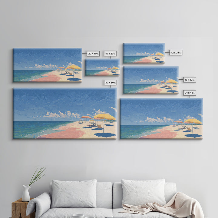 Pastel Ocean Beach Canvas Print, Pink Sand Umbrella Landscape, Coastal Modern Wall Art, Soft Summer Decor For Bedroom And Office