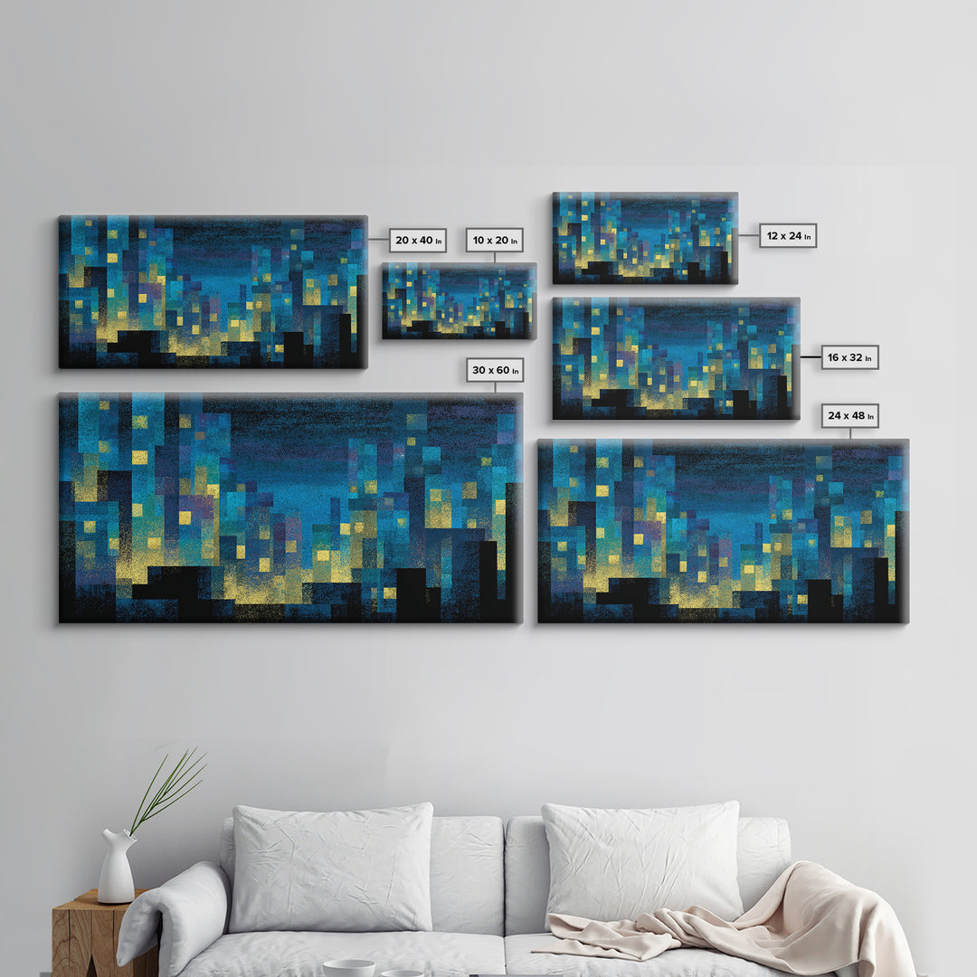 Teal Pixel City Skyline Canvas Print, Glowing Urban Nightscape, Modern Abstract Art, Blue Wall Decor, Home Office Art Print
