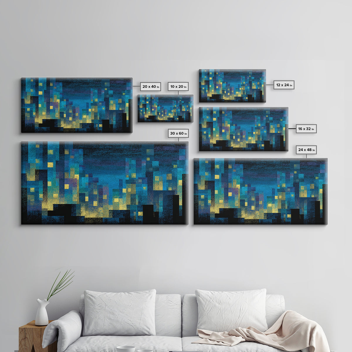 Teal Pixel City Skyline Canvas Print, Glowing Urban Nightscape, Modern Abstract Art, Blue Wall Decor, Home Office Art Print