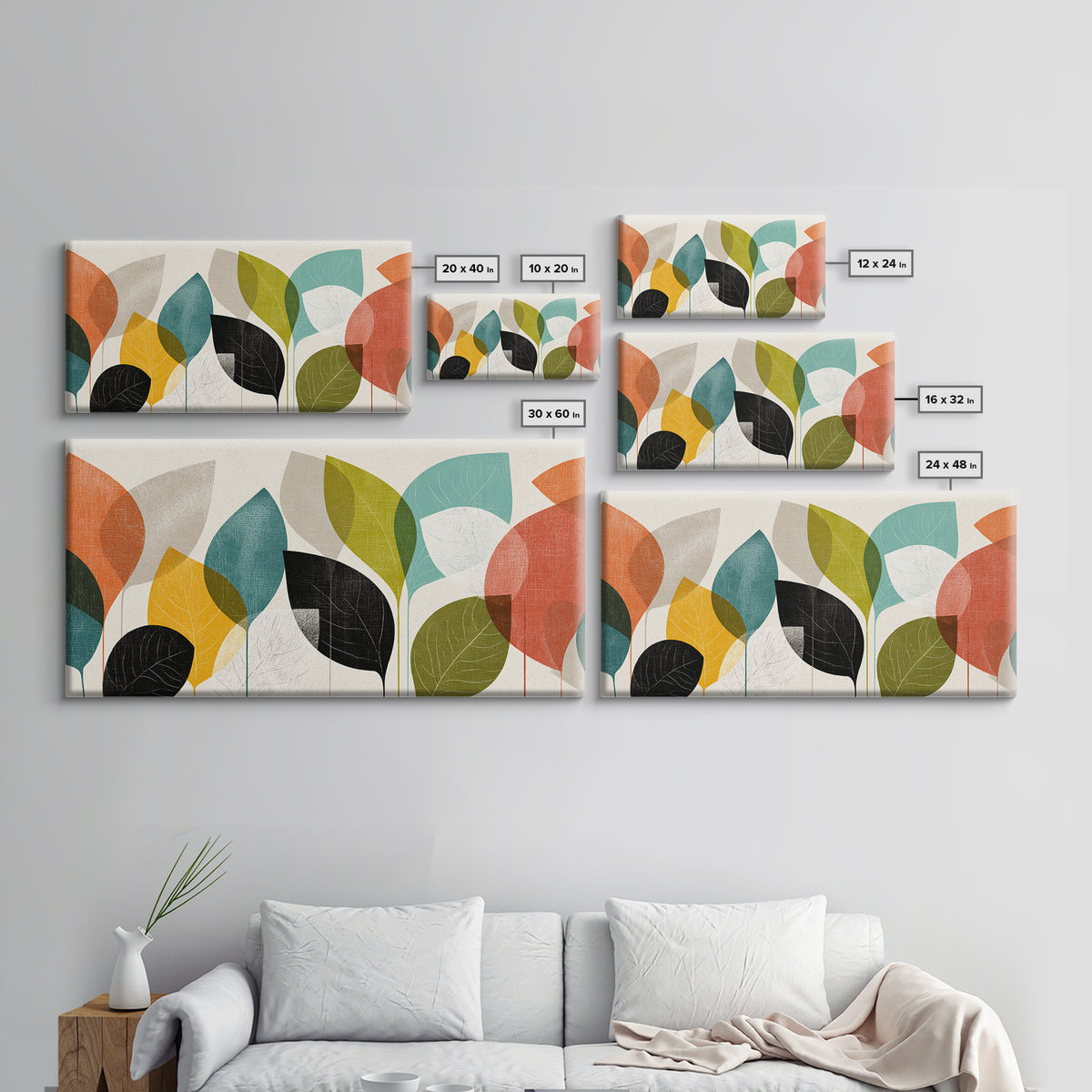 Abstract Overlapping Leaves In Teal Orange Yellow Wall Art, Midcentury Modern Botanical Print, Retro Living Room Decor Gift