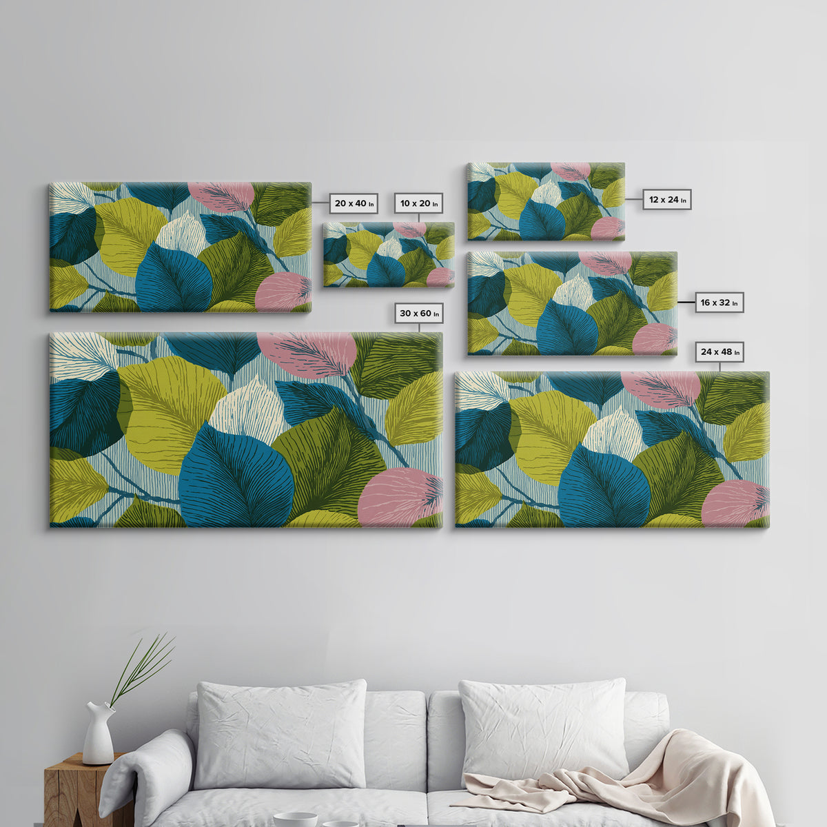 Layered Ginkgo Leaves In Blue Green Pink Canvas Print, Midcentury Modern Botanical Wall Decor, Colorful Living Room Art Print