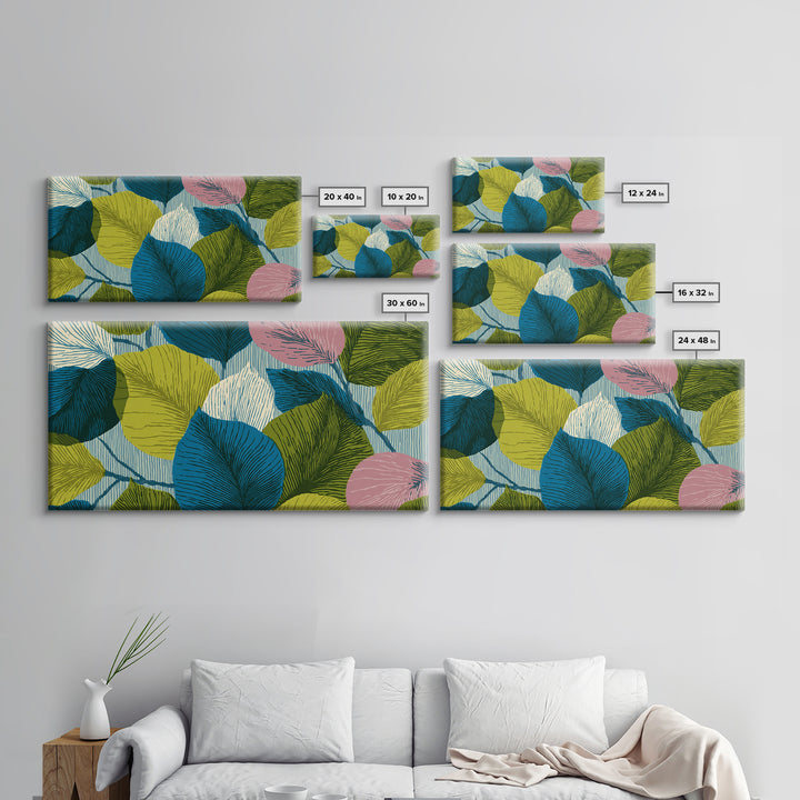 Layered Ginkgo Leaves In Blue Green Pink Canvas Print, Midcentury Modern Botanical Wall Decor, Colorful Living Room Art Print