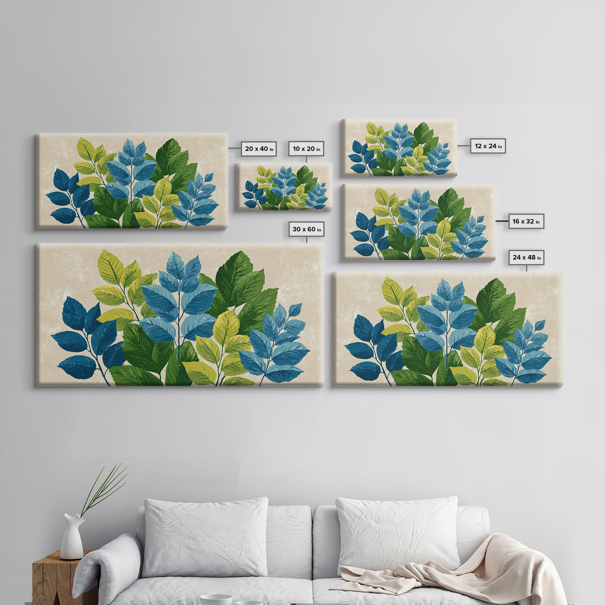 Blue Green Botanical Branches With Textured Leaves Wall Art, Midcentury Modern Nature Print, Calm Bedroom Office Decor Gift