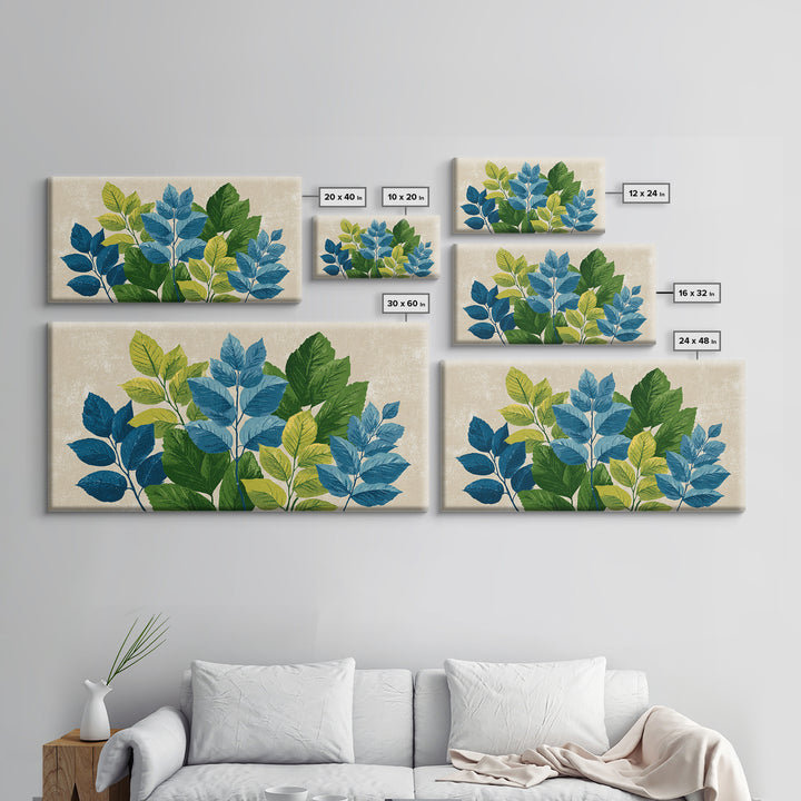 Blue Green Botanical Branches With Textured Leaves Wall Art, Midcentury Modern Nature Print, Calm Bedroom Office Decor Gift