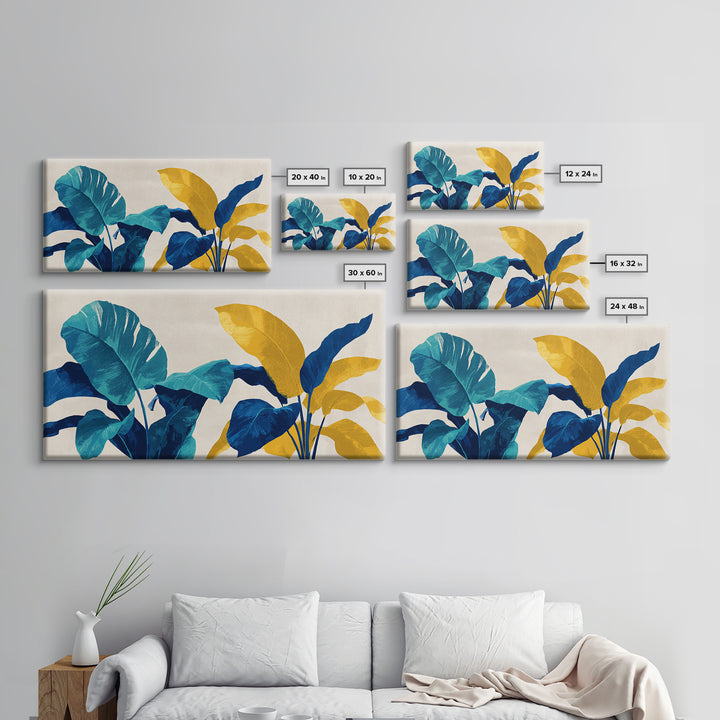 Bold Tropical Leaves In Teal Blue Mustard Canvas Print, Midcentury Modern Botanical Wall Art, Colorful Home Office Decor