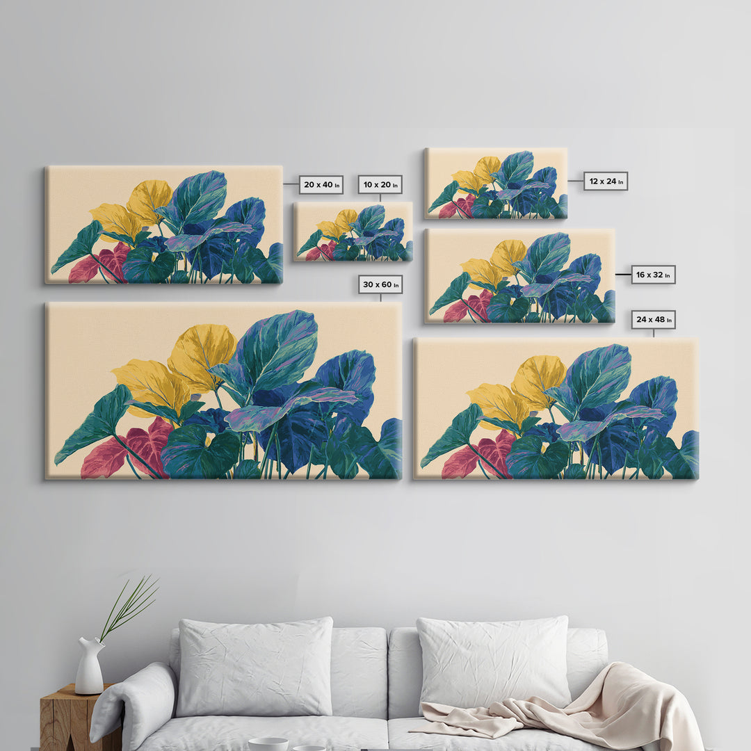 Vibrant Tropical Foliage In Yellow Teal Pink Wall Art, Midcentury Modern Botanical Print, Colorful Boho Living Room Decor