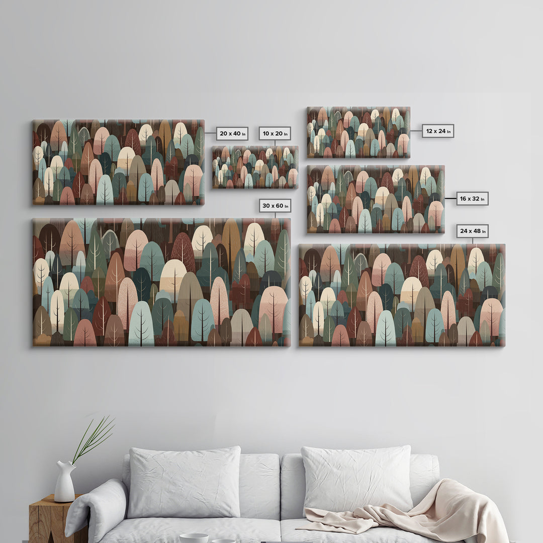 Muted Abstract Forest Of Rounded Trees Framed Canvas Print, Midcentury Modern Wall Art, Earth Tone Woodland Living Room Decor