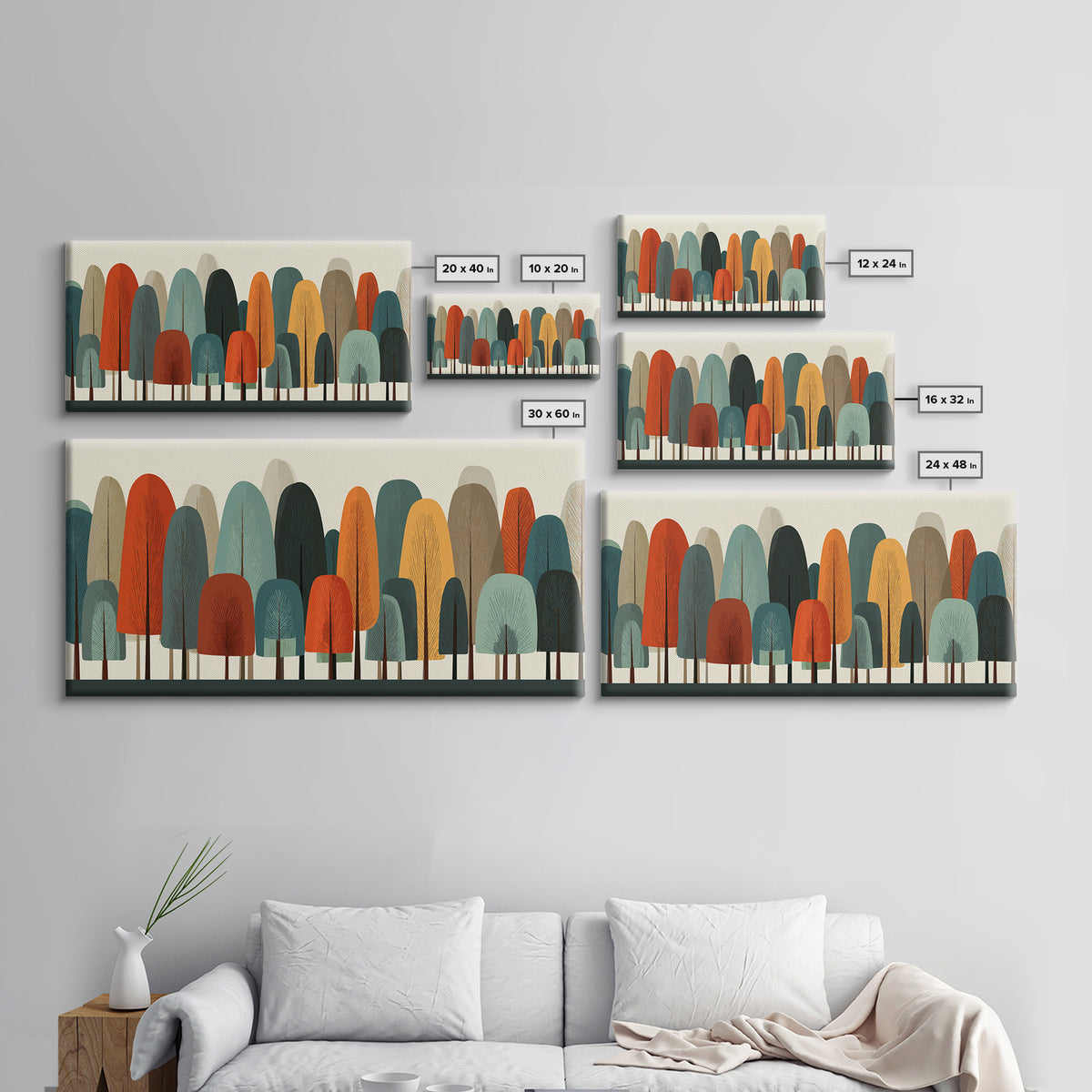 Minimal Rounded Tree Grove In Orange Teal Mustard Wall Art, Midcentury Modern Forest Print, Retro Nursery Or Office Decor