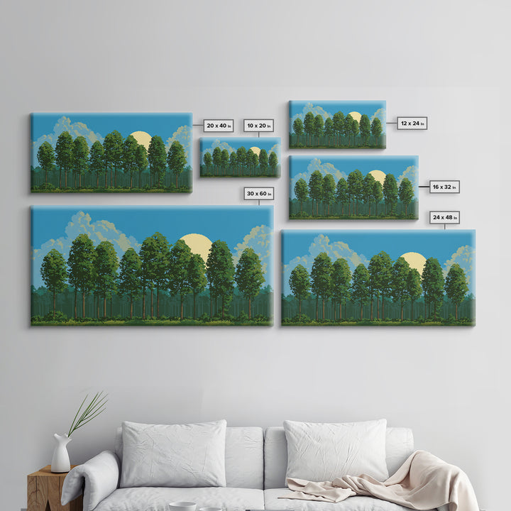 Sunlit Green Forest Landscape With Moonrise Canvas Print, Nature Wall Art, Retro Scenic Living Room And Cabin Decor Gift