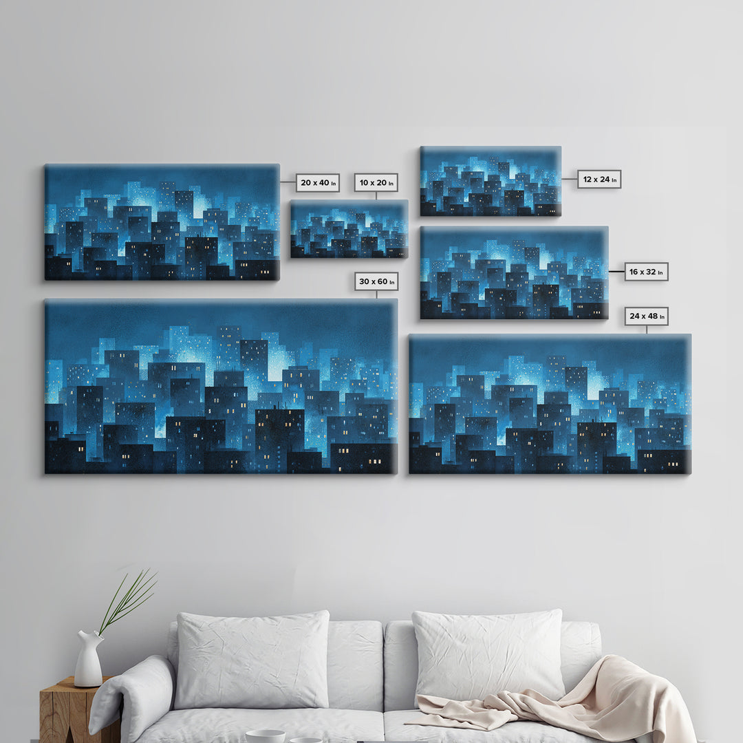 Misty Blue Urban Skyline Framed Canvas Print, Snowy City Lights, Modern Wall Art, Large Abstract Decor, Office Wall Art Print