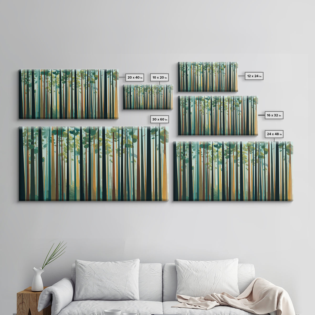 Tall Pine Forest With Sunbeams In Teal Gold Wall Art, Modern Nature Landscape Print, Scandinavian Cabin And Office Decor