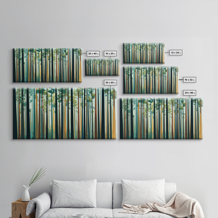 Tall Pine Forest With Sunbeams In Teal Gold Wall Art, Modern Nature Landscape Print, Scandinavian Cabin And Office Decor
