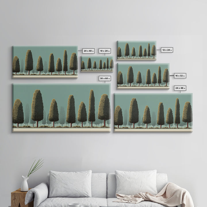 Stylized Cypress Tree Grove Wall Art, Midcentury Modern Landscape Print, Sage Green Retro Decor, Nature Living Room Art Print