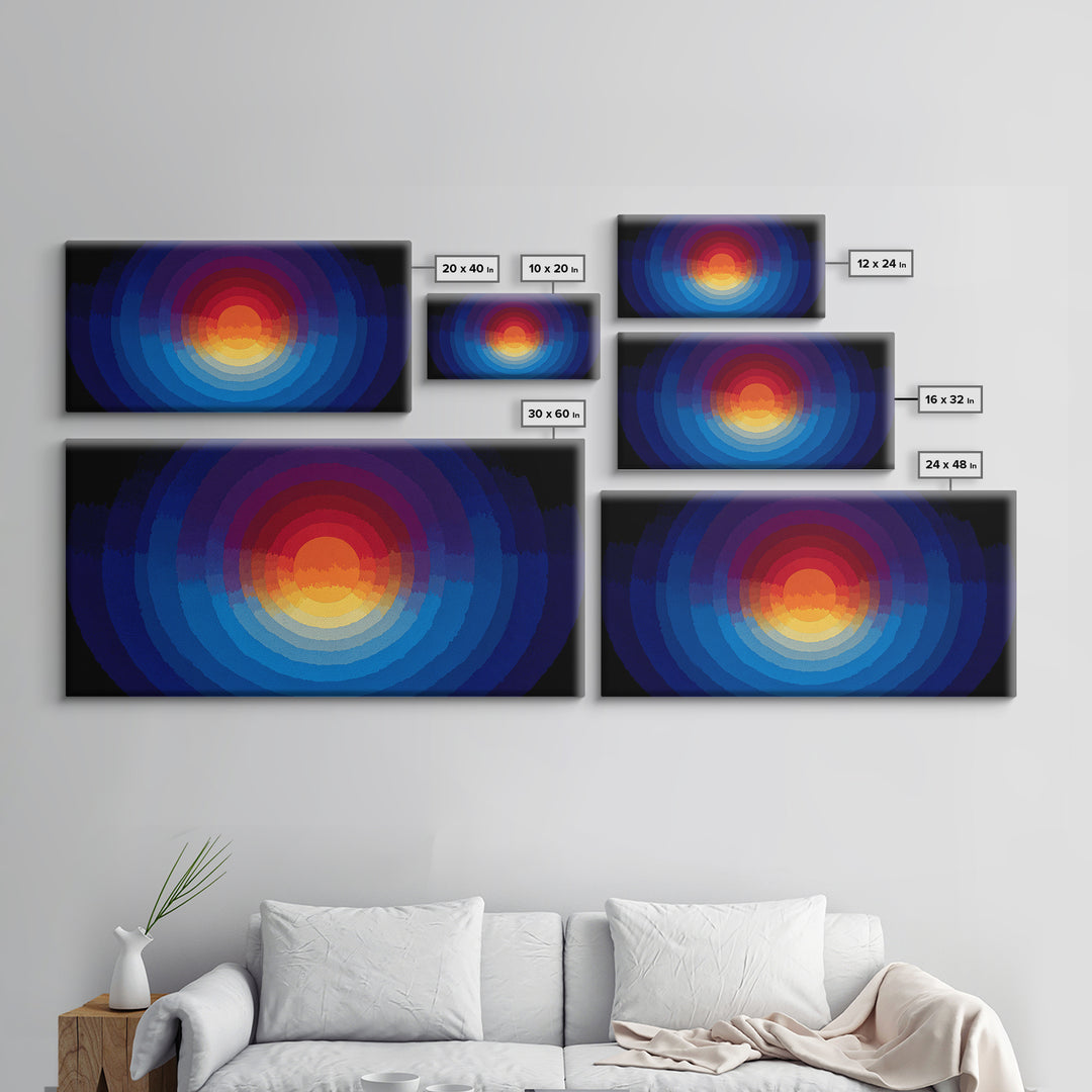 Radiant Layered Sunset Canvas Print, Midcentury Modern Abstract Landscape, Blue Orange Wall Decor, Retro Living Room Art