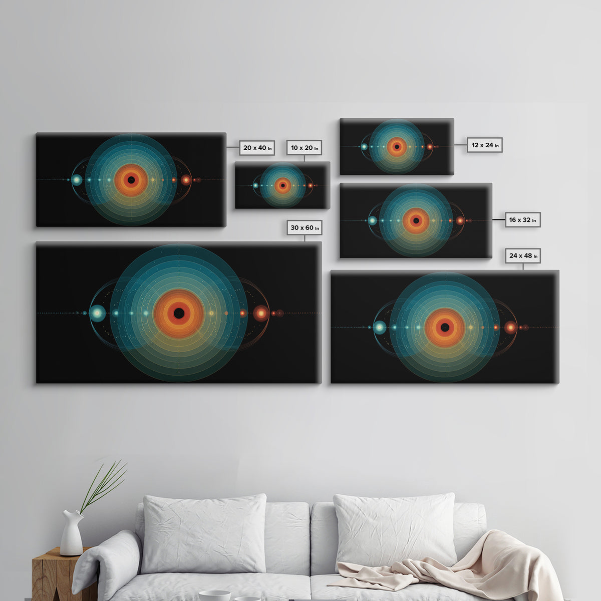 Solar System Orbit Canvas Print, Midcentury Modern Space Abstract, Teal Orange Circle Wall Decor, Retro Office Art Print Gift