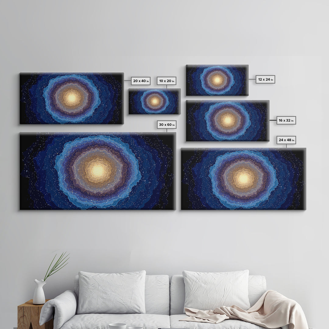 Blue Gold Galaxy Nebula Canvas Print, Modern Abstract Space Art, Starry Cosmic Wall Decor, Oversized Living Room Poster Print
