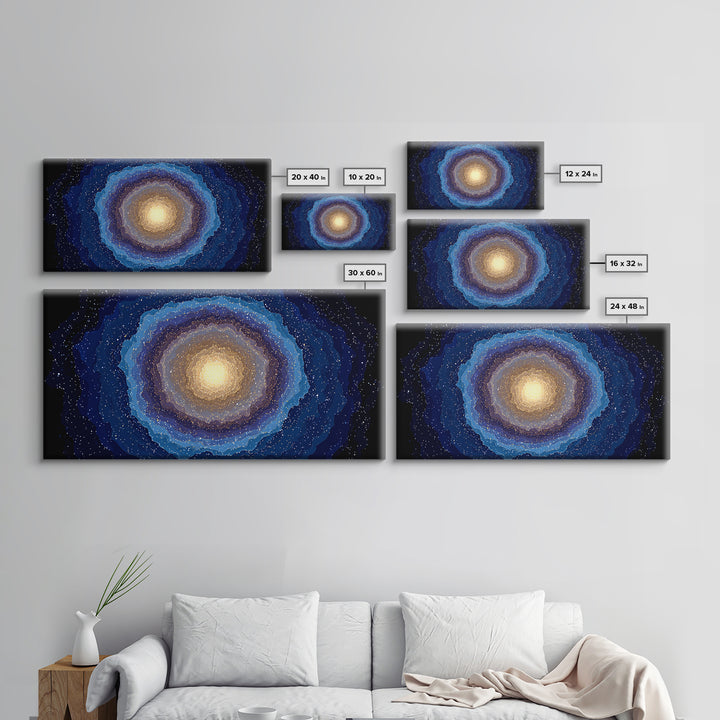 Blue Gold Galaxy Nebula Canvas Print, Modern Abstract Space Art, Starry Cosmic Wall Decor, Oversized Living Room Poster Print